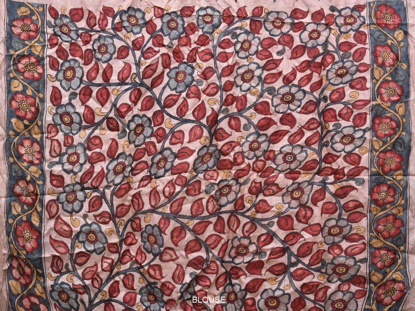 Cream Kalamkari Hand Painted Tussar Handloom Saree with Border and Peacock Pallu Design KL0459