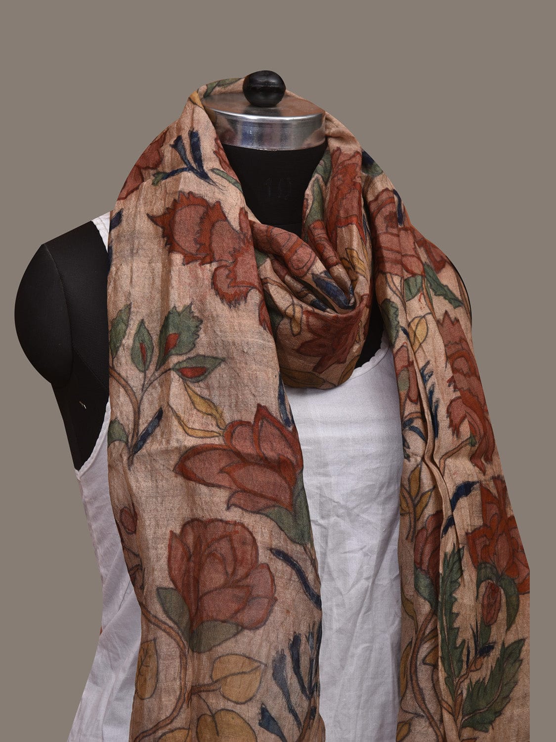 Cream Kalamkari Hand Painted Tussar Handloom Stole with Floral Design ds3077