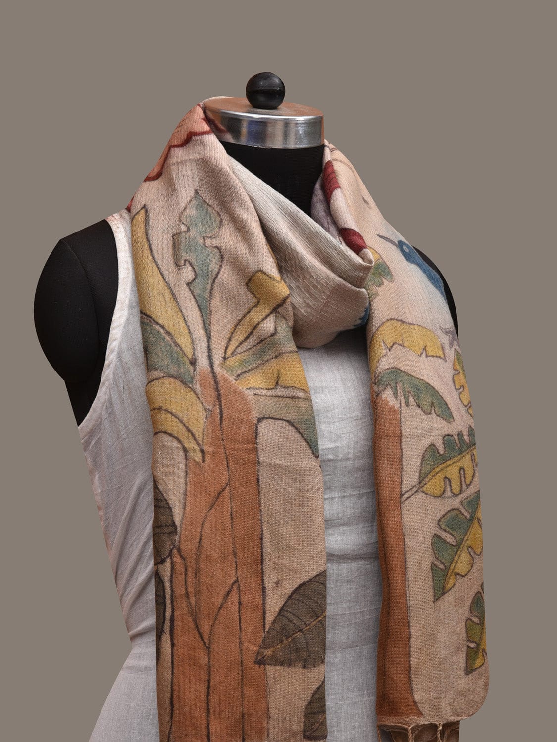 Cream Kalamkari Hand Painted Tussar Muga Dupatta with Trees and Birds Design ds2927