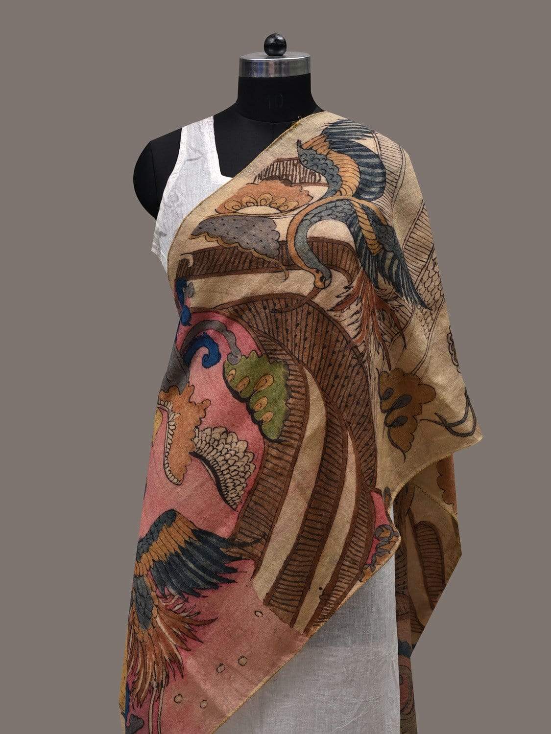 Cream Kalamkari Hand Painted Woolen Handloom Stole with Birds and Clouds Design ds2439