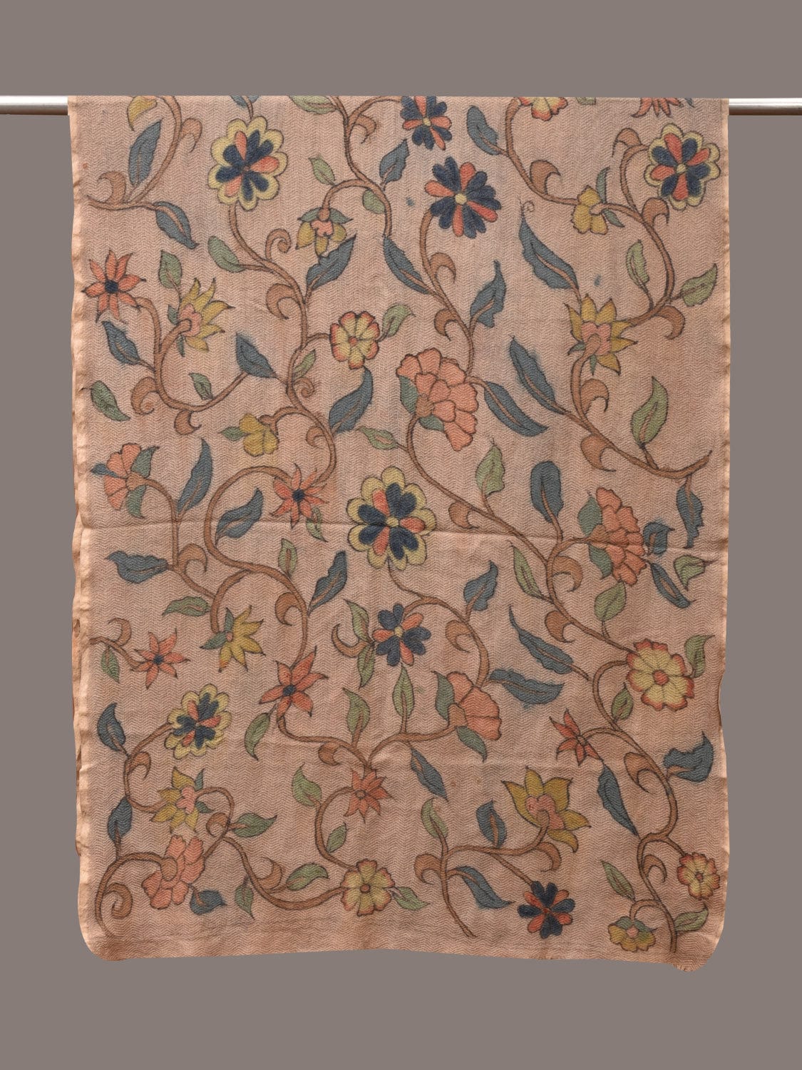 Cream Kalamkari Hand Painted Woolen Handloom Stole with Floral Design ds3541