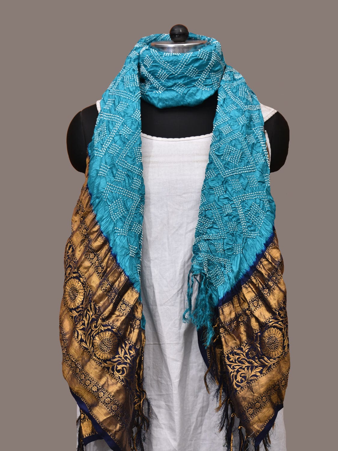 Dark Blue and Blue Bandhani Kanchipuram Silk Handloom Dupatta with Border Design ds3184