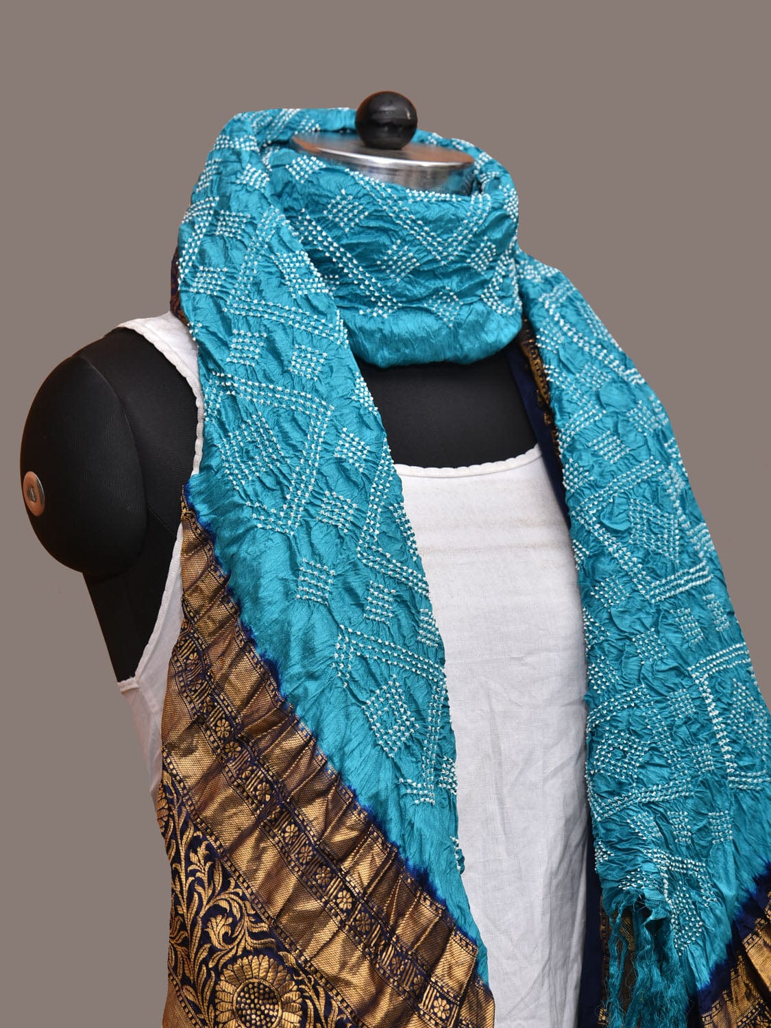 Dark Blue and Blue Bandhani Kanchipuram Silk Handloom Dupatta with Border Design ds3184