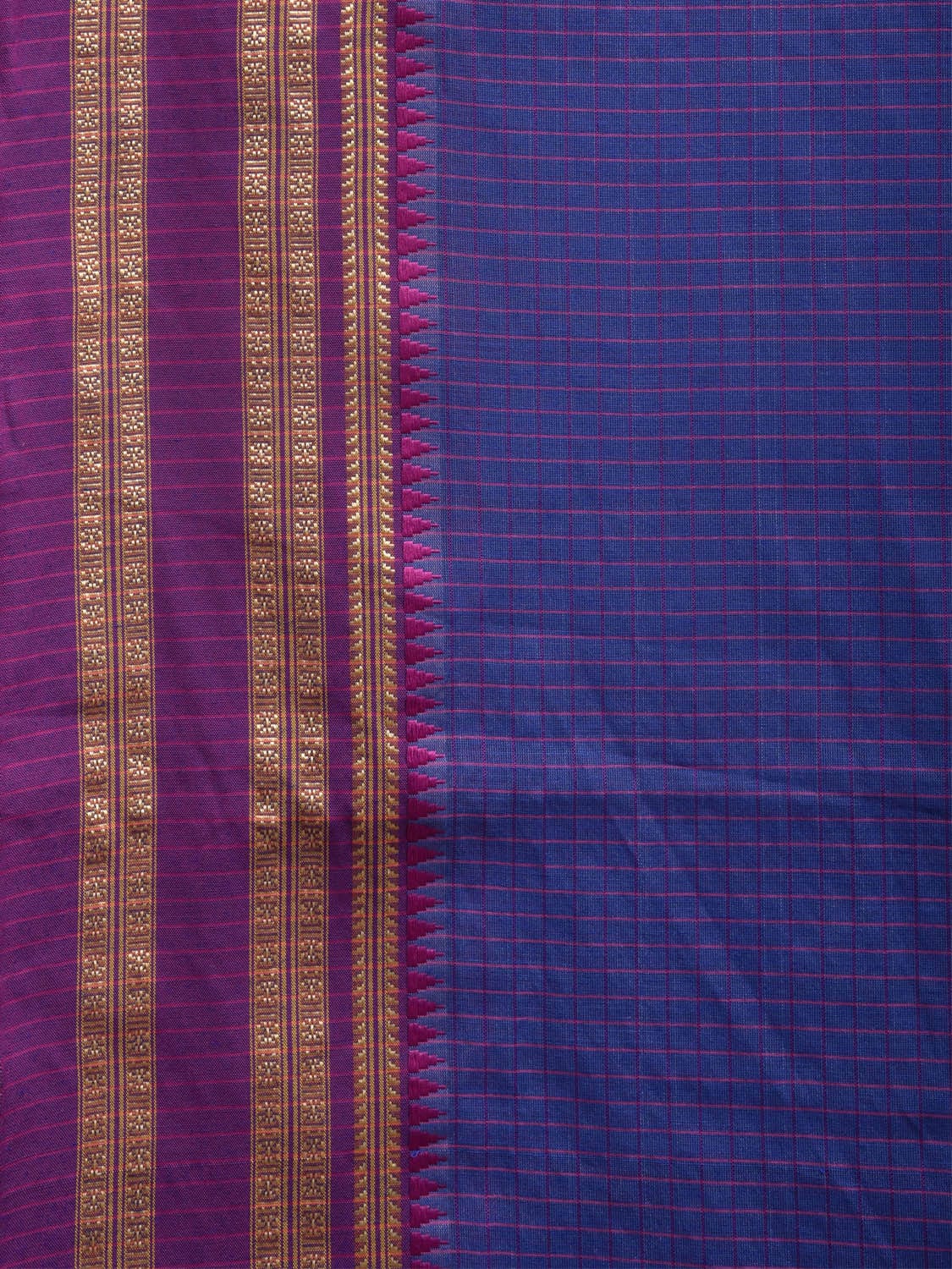 Dark Blue and Purple Bamboo Cotton Saree with Checks Design No Blouse bc0346
