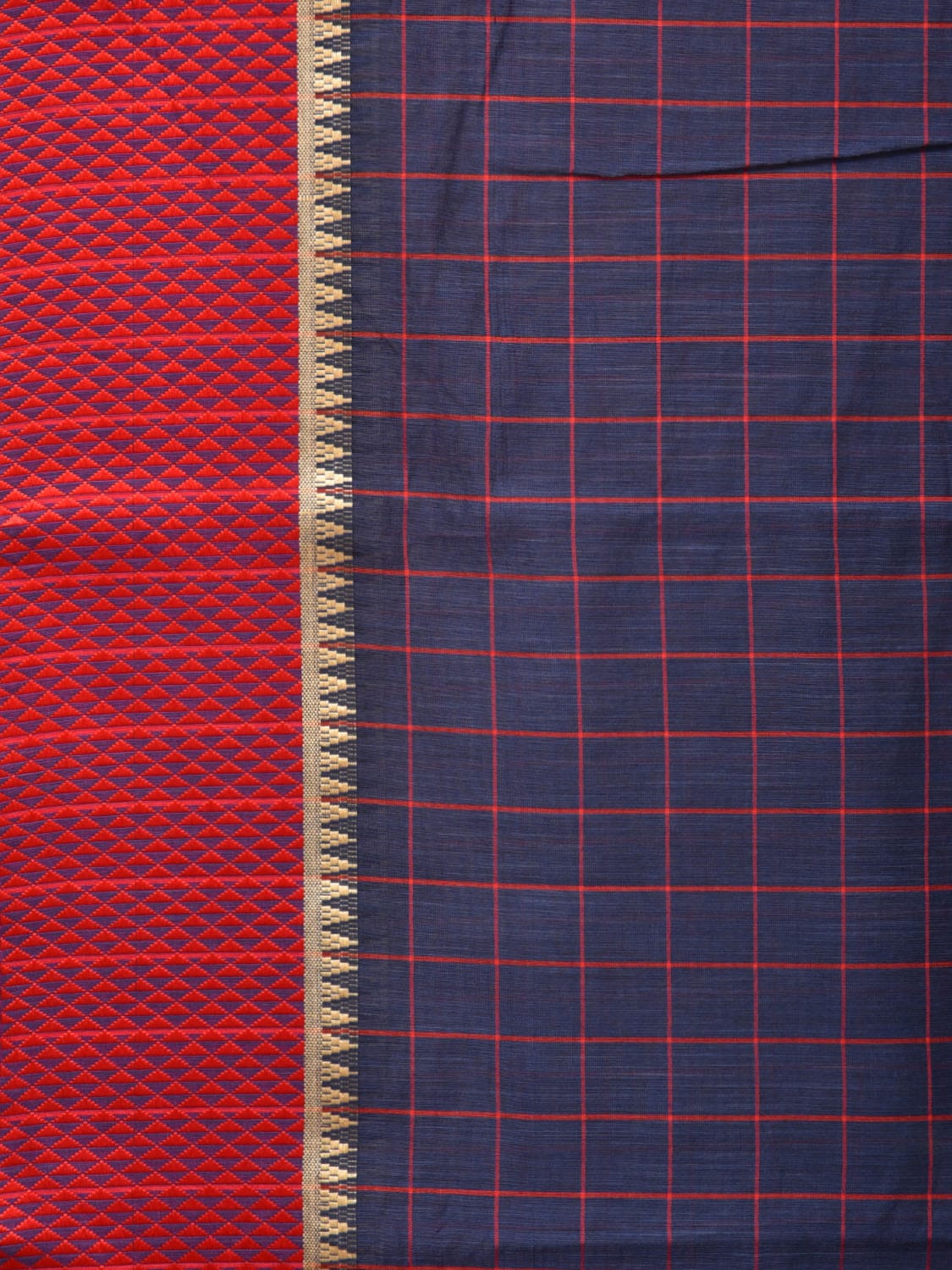 Dark Blue and Red Bamboo Cotton Saree with Big Checks Design No Blouse bc0258