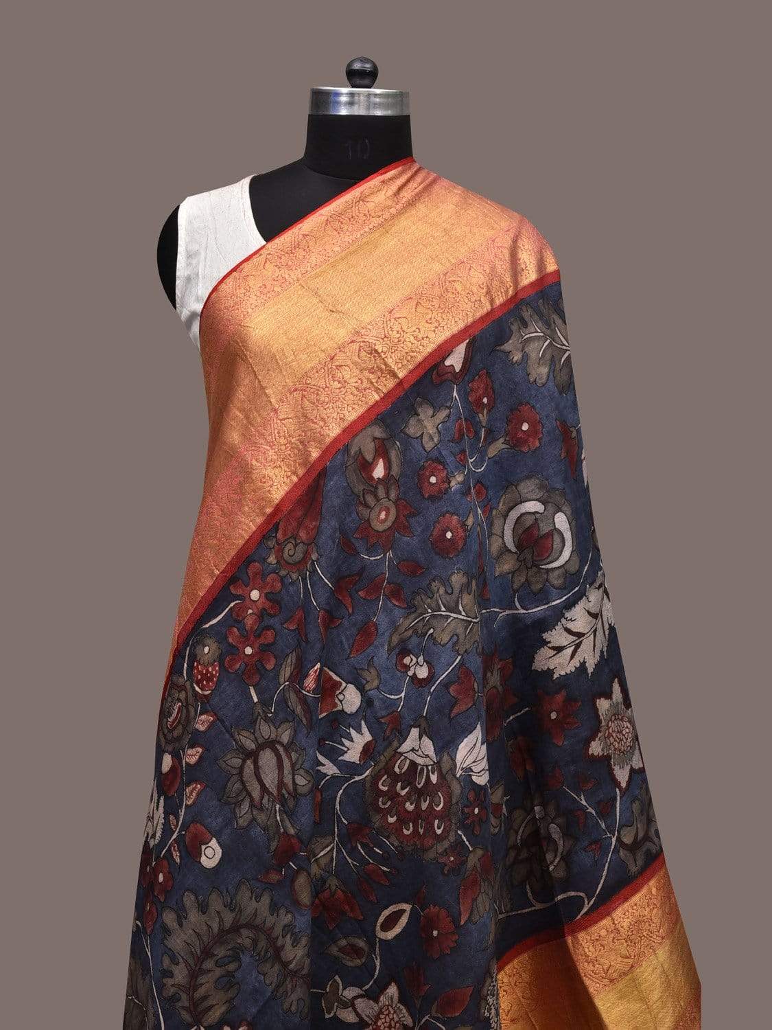 Dark Blue Kalamkari Hand Painted Kanchipuram Silk Handloom Dupatta with Floral Design ds2294
