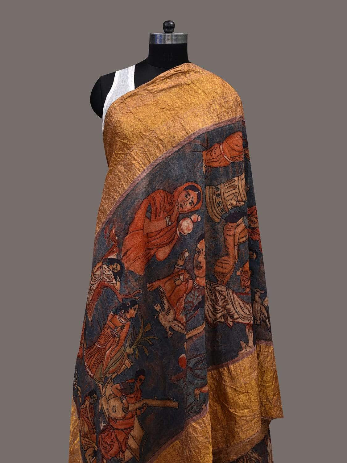 Dark Blue Kalamkari Hand Painted Kanchipuram Silk Handloom Dupatta with Painting Design ds2426