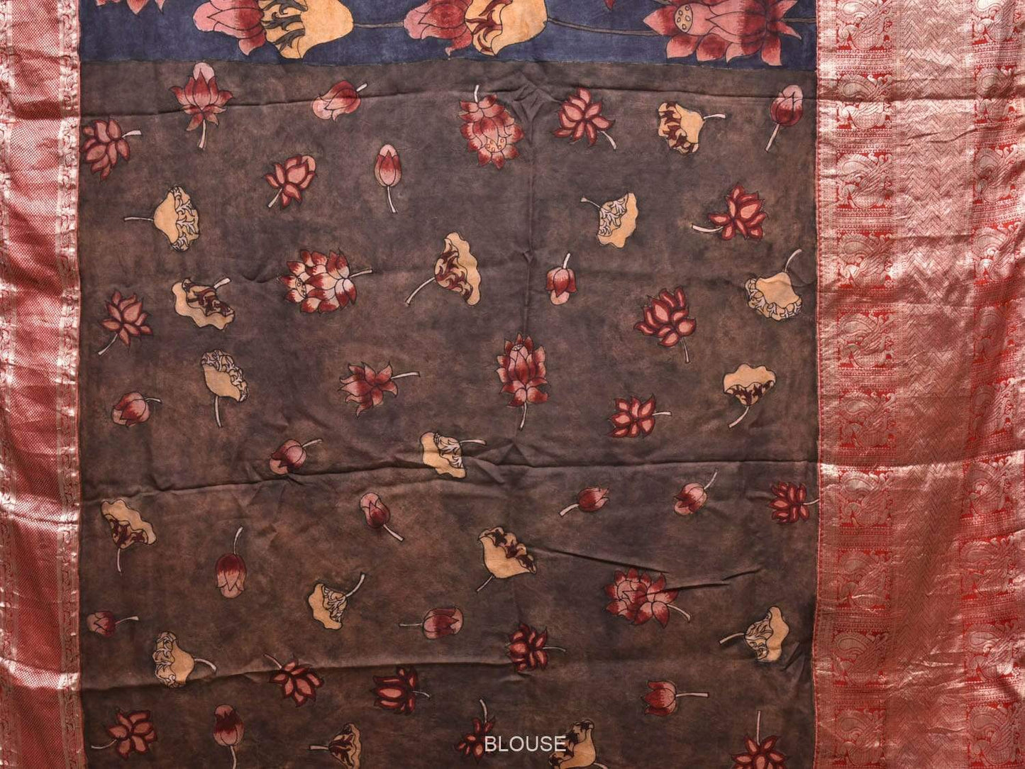 Dark Blue Kalamkari Hand Painted Kanchipuram Silk Handloom Saree with Big Lotus Flowers Design KL0481