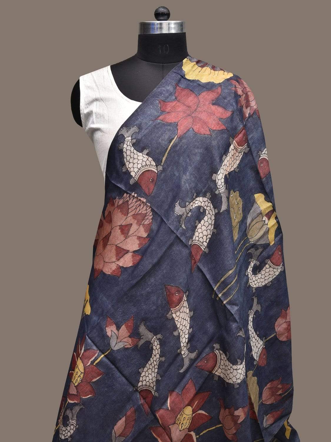 Dark Blue Kalamkari Hand Painted Tussar Handloom Dupatta with Flowers and Fishes Design ds2285