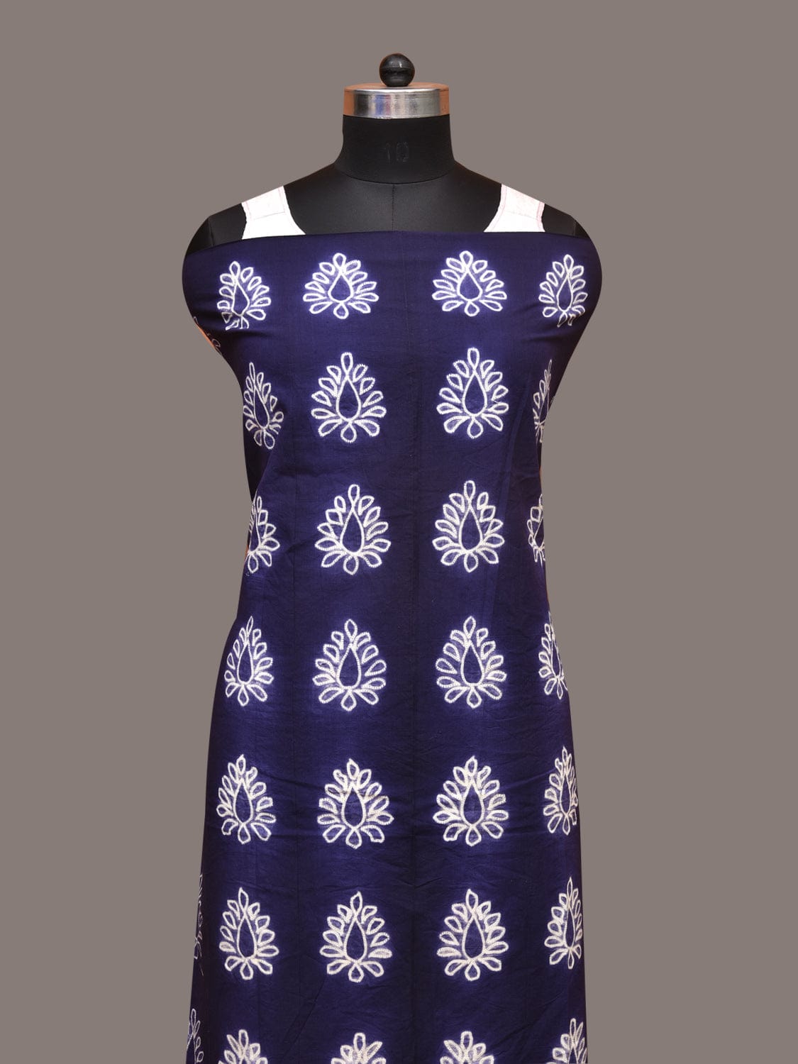 Dark Blue Shibori Cotton Handloom Fabric with Floral and Checks Design f0246
