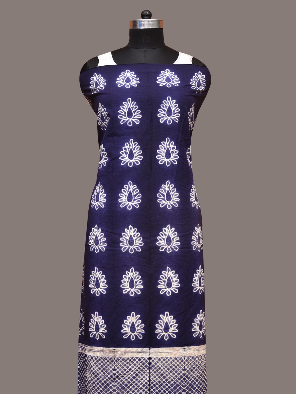 Dark Blue Shibori Cotton Handloom Fabric with Floral and Checks Design f0246