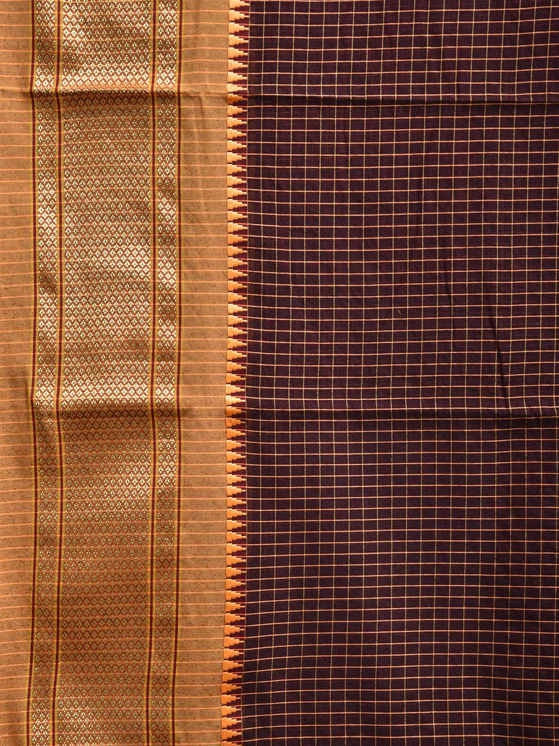 Dark Brown and Mustard Bamboo Cotton Saree with Checks Design No Blouse bc0758