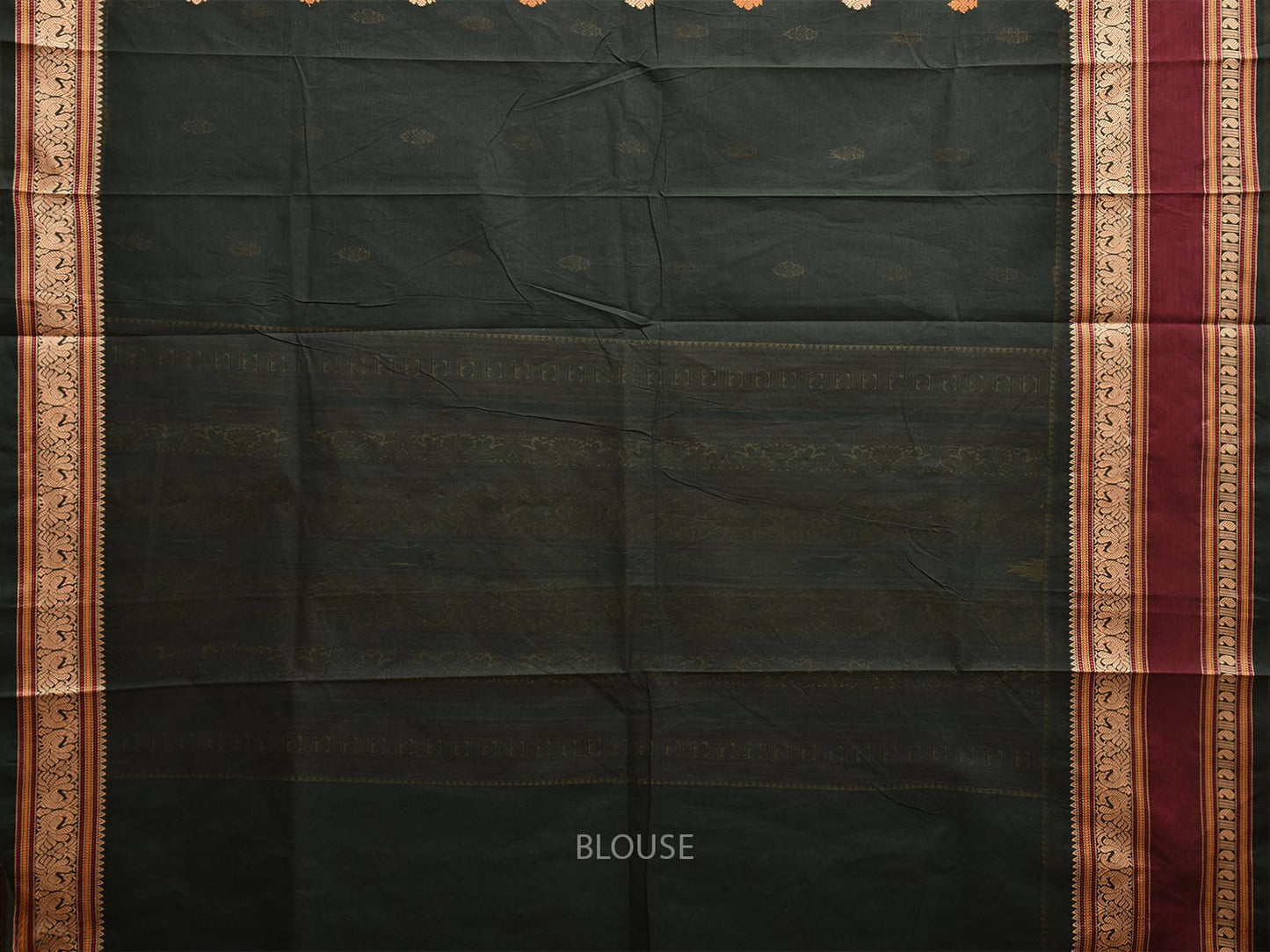 Dark Green and Cream Kanchipuram Cotton Saree with Body Buta and Pallu Design k0761