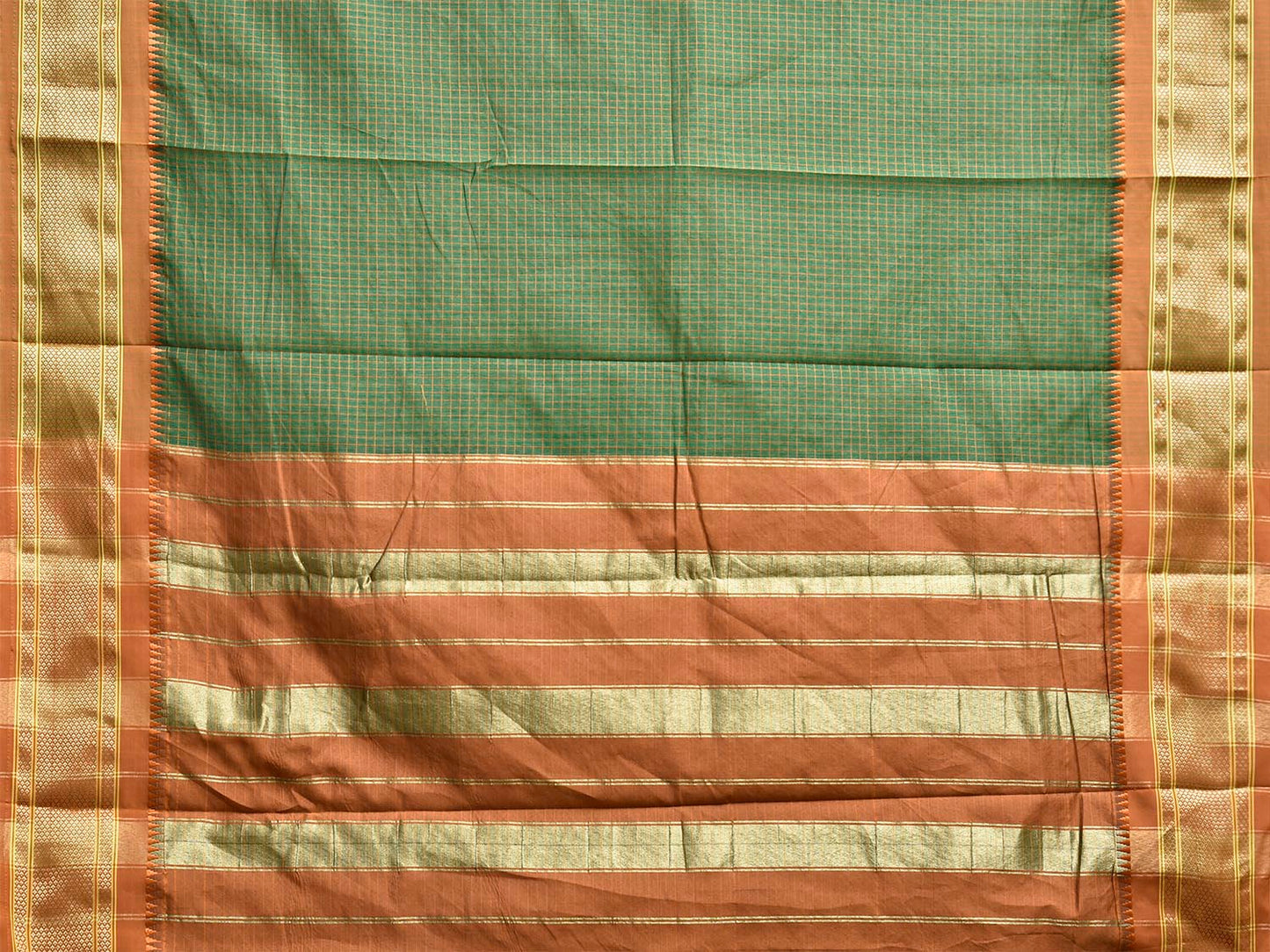 Dark Green and Fawn Bamboo Cotton Saree with Checks Design No Blouse bc0806