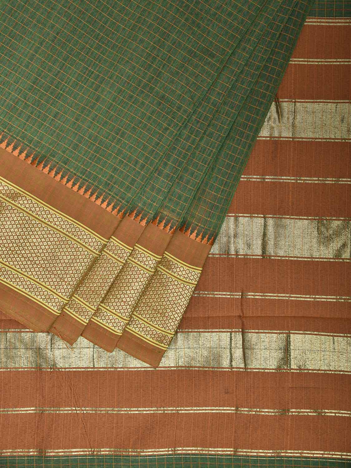 Dark Green and Fawn Bamboo Cotton Saree with Checks Design No Blouse bc0806