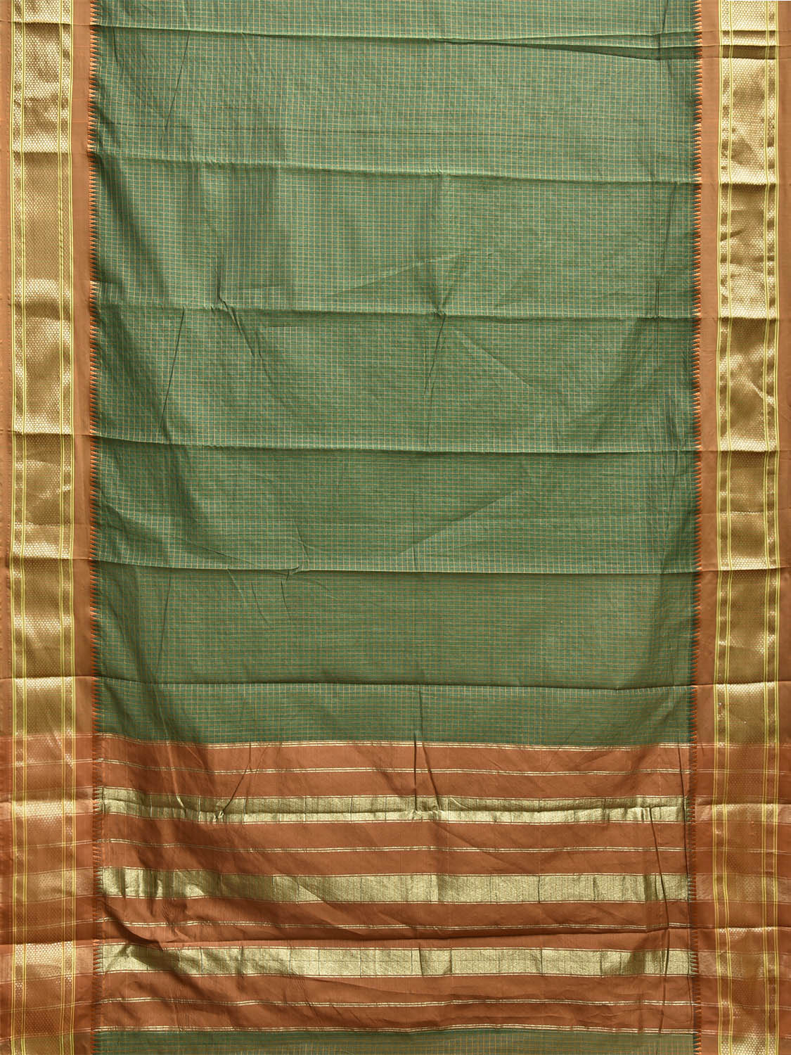 Dark Green and Fawn Bamboo Cotton Saree with Checks Design No Blouse bc0806