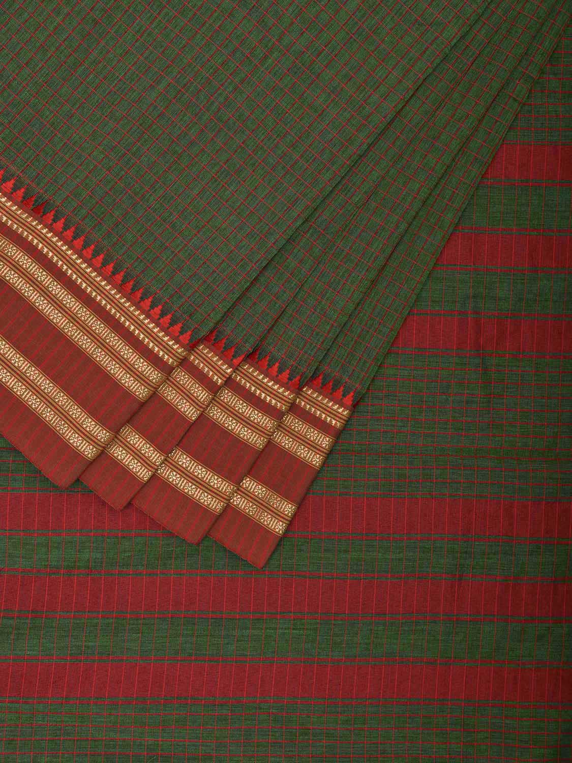 Dark Green and Red Bamboo Cotton Saree with Checks Design No Blouse bc0685
