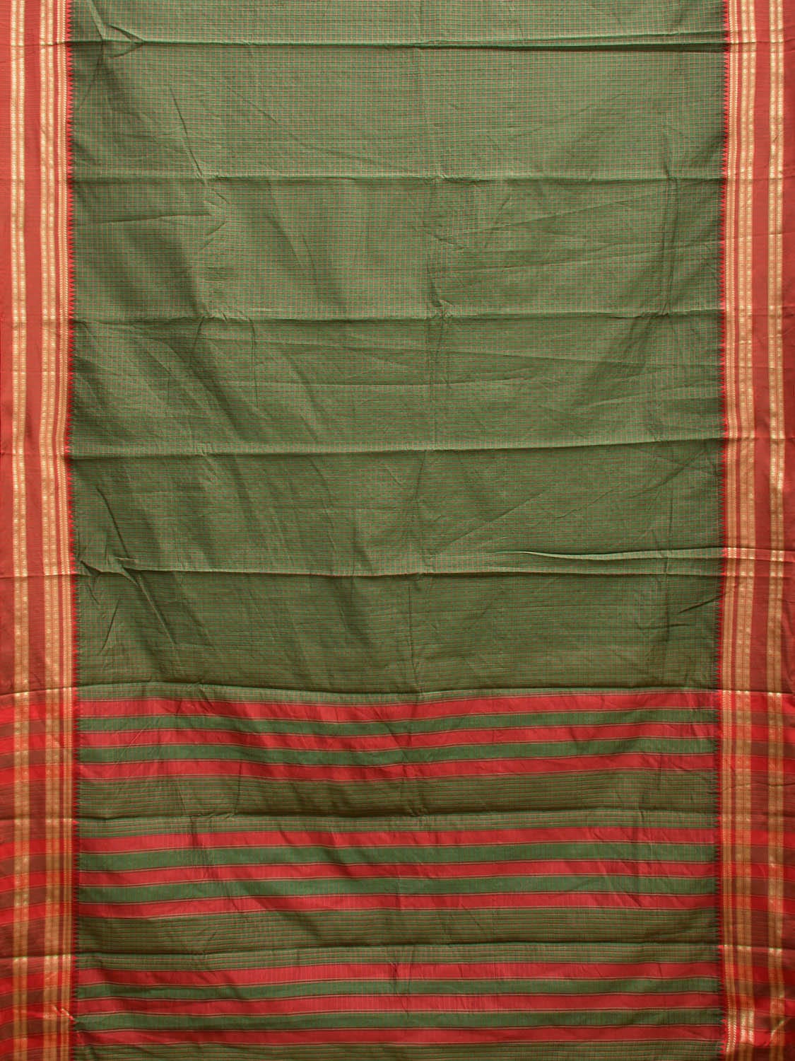 Dark Green and Red Bamboo Cotton Saree with Checks Design No Blouse bc0685