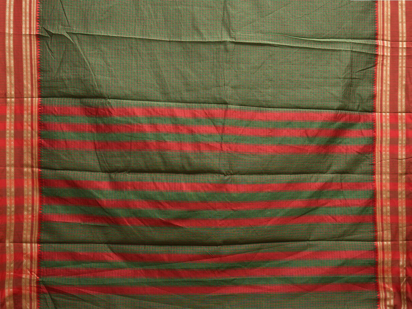 Dark Green and Red Bamboo Cotton Saree with Checks Design No Blouse bc0685