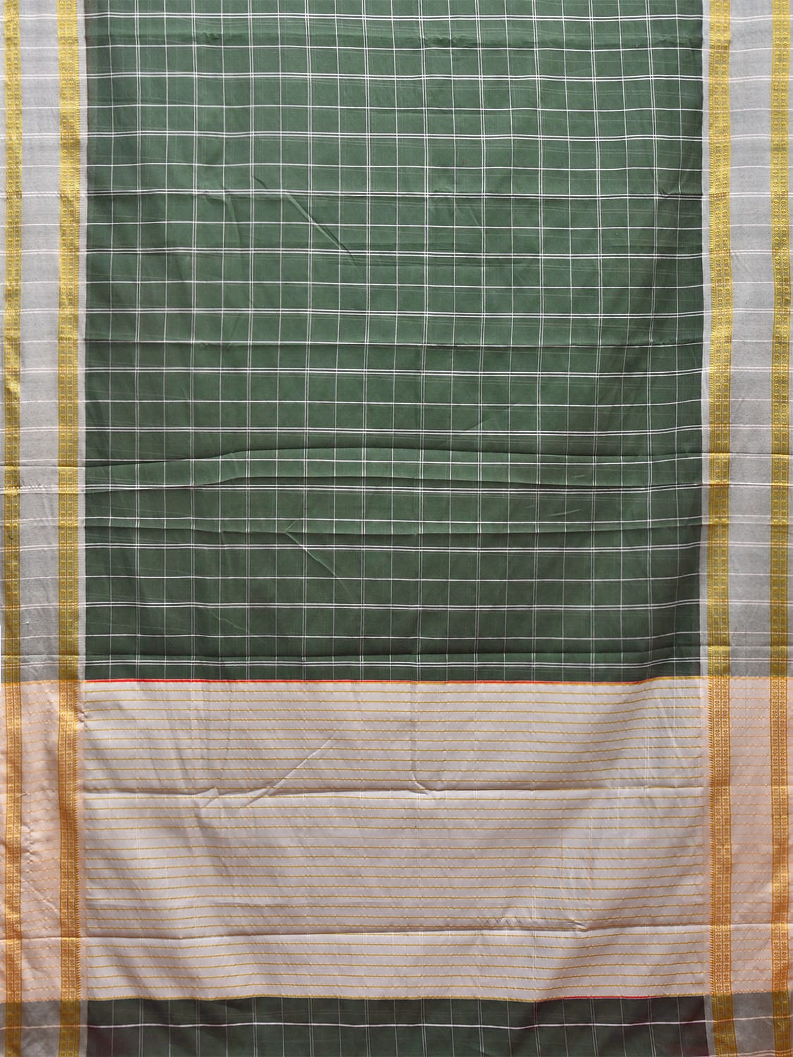 Dark Green and White Bamboo Cotton Saree with Big Checks Design No Blouse bc0618