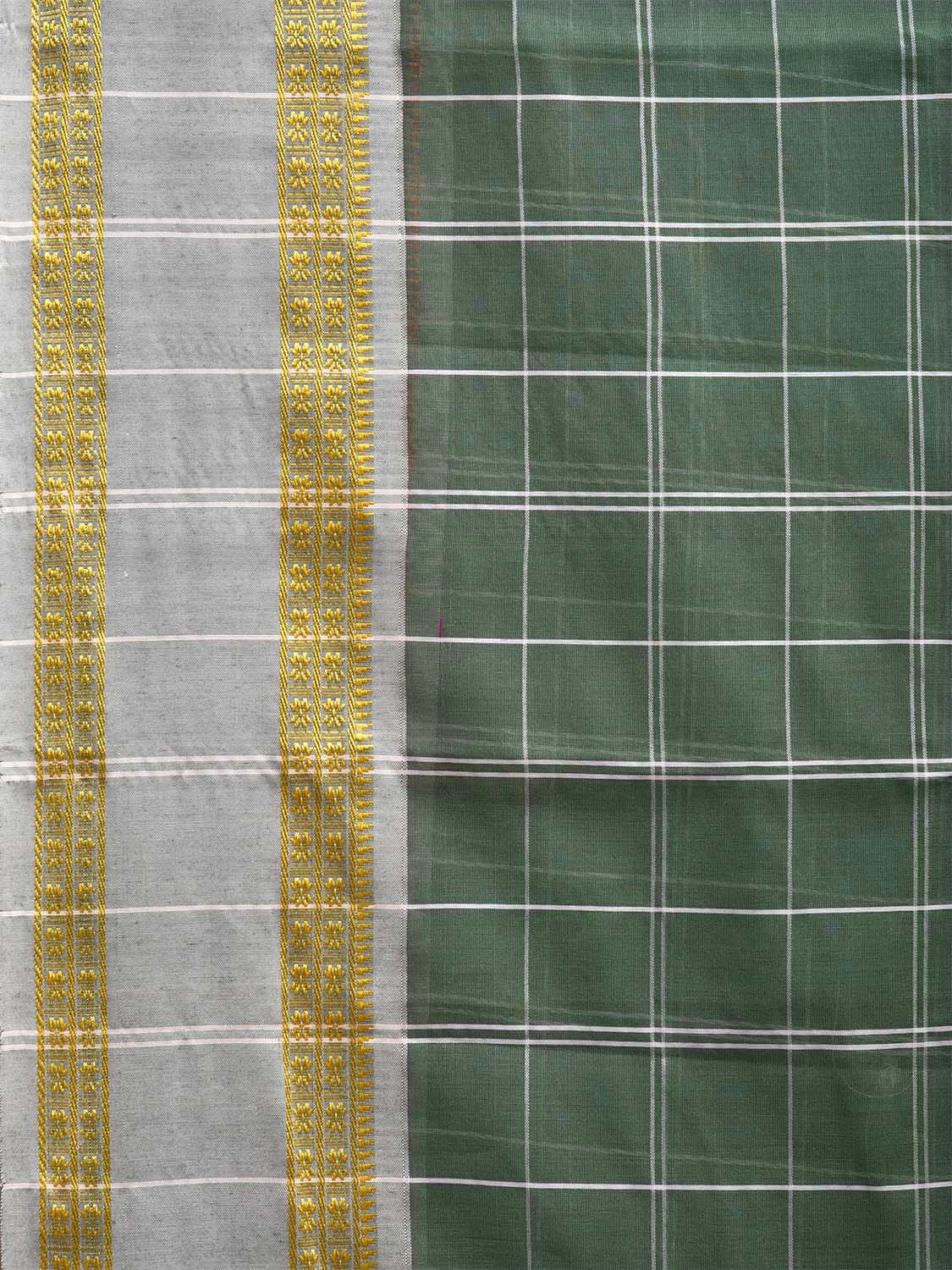 Dark Green and White Bamboo Cotton Saree with Big Checks Design No Blouse bc0618