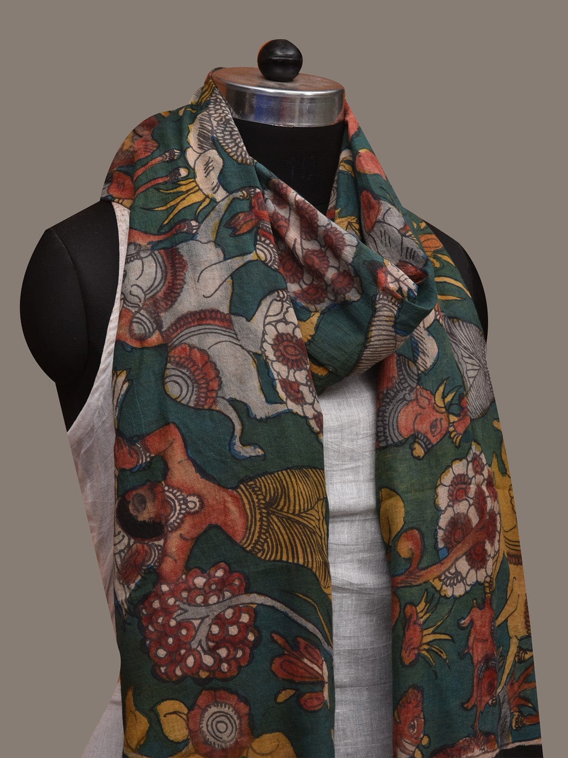 Dark Green Kalamkari Hand Painted Cotton Handloom Dupatta with Village and Animals Design ds2996