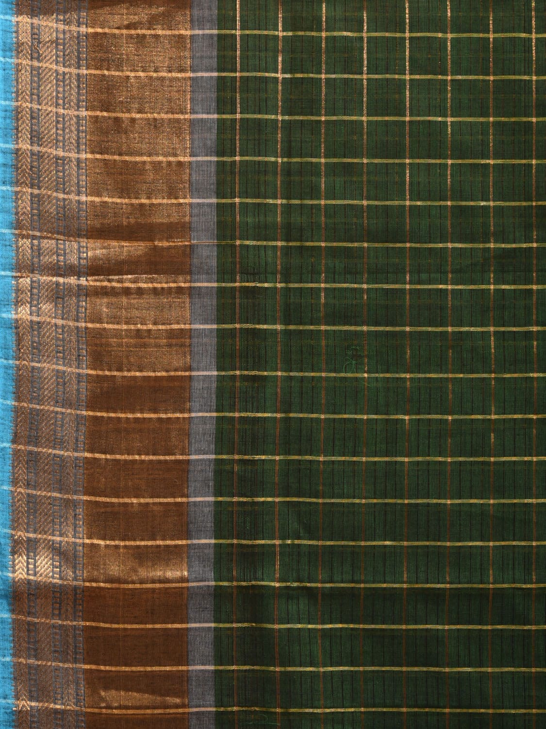 Dark Green Kanchipuram Cotton Handloom Saree with Checks and Strips Pallu Design k0537