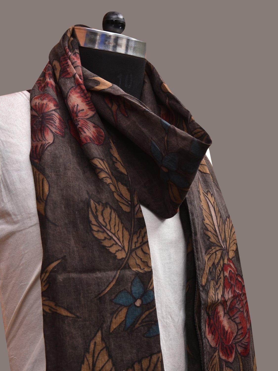 Dark Grey Kalamkari Hand Painted Sico Stole with Floral Design ds3639