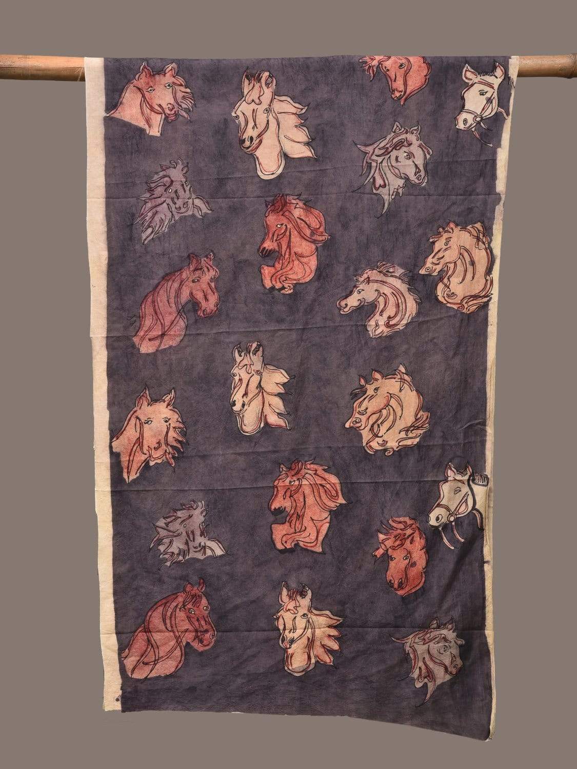 Dark Grey Kalamkari Hand Painted Silk Handloom Stole with Horses Design ds2208