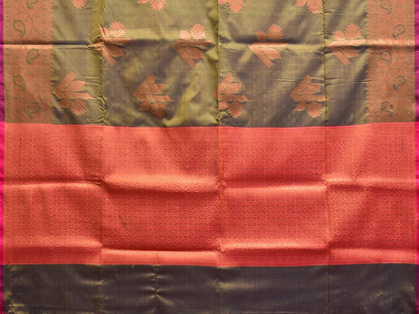 Dark Olive Katan Silk Saree with Border and Body Butta Design b0060ds