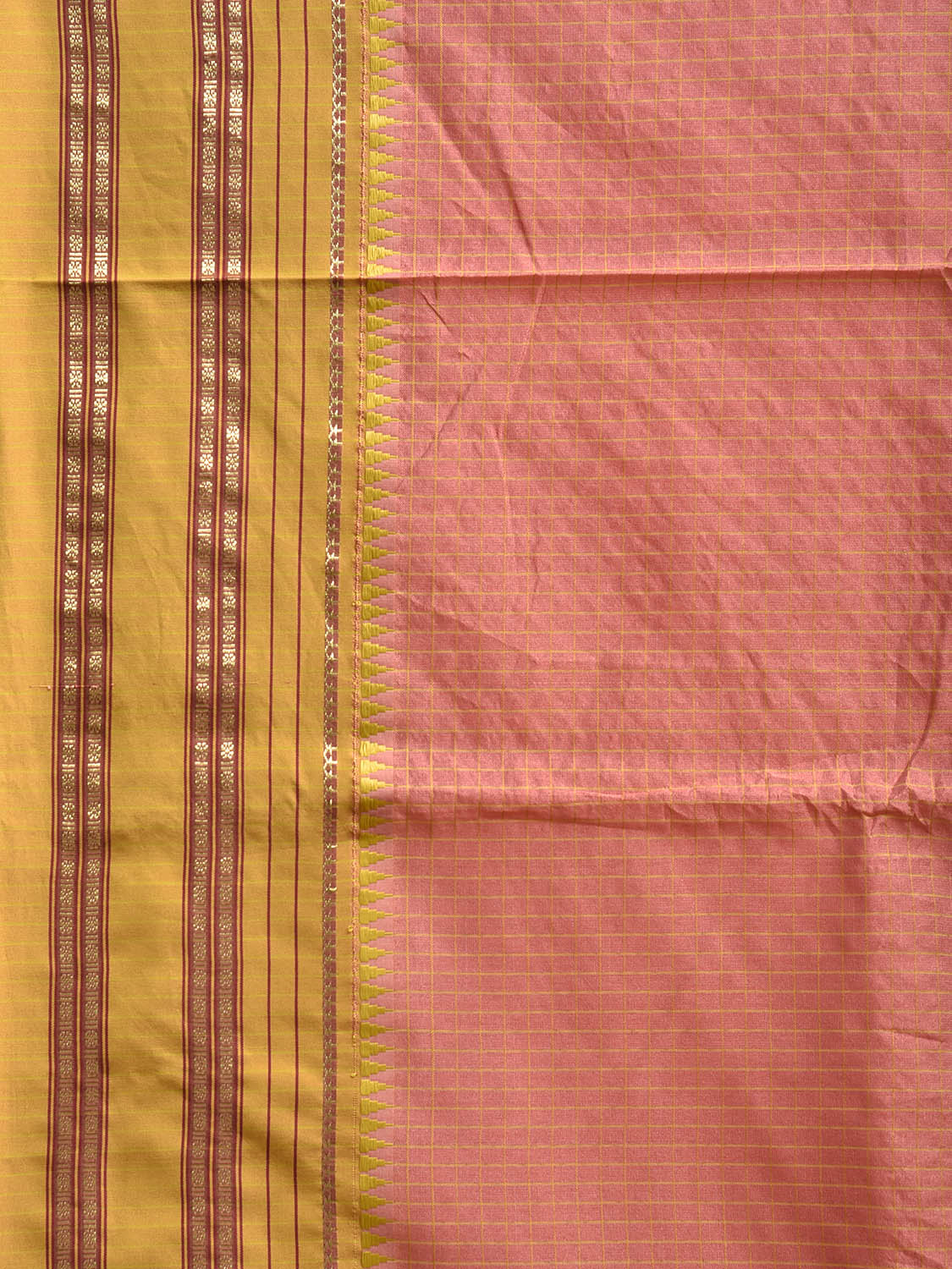 Dark Peach and Green Bamboo Cotton Viscose Silk Saree with Checks Design No Blouse bc0838