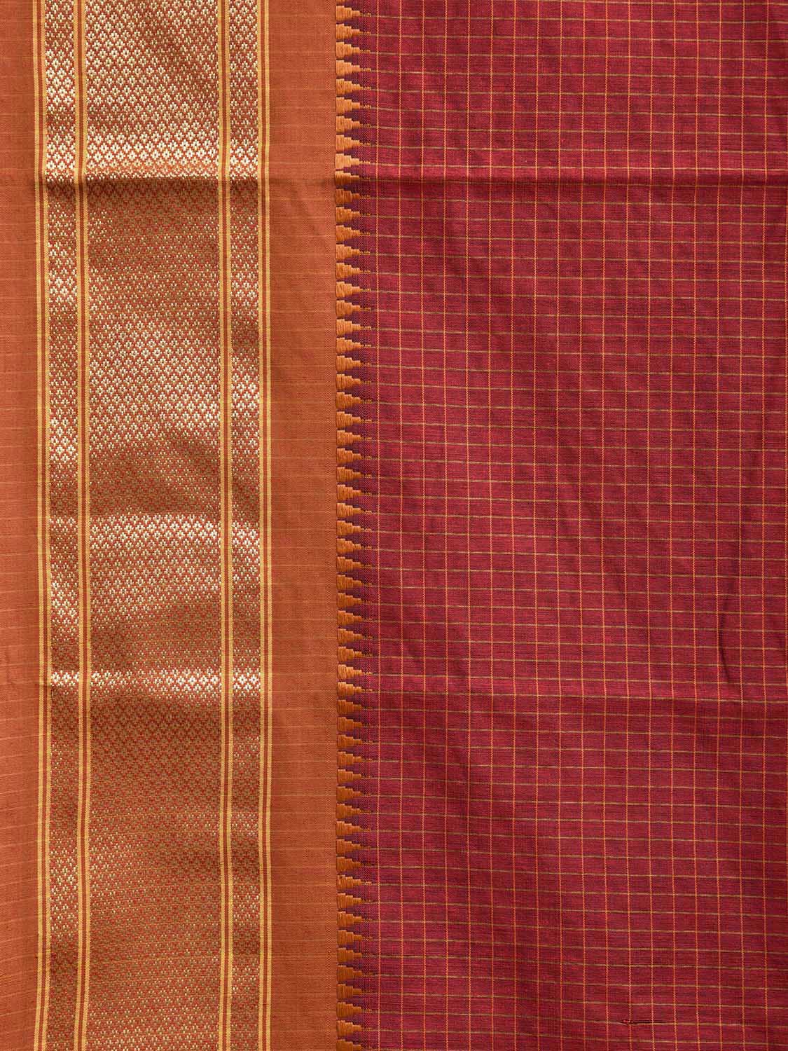 Dark Red and Dark Orange Bamboo Cotton Saree with Checks Design No Blouse bc0753