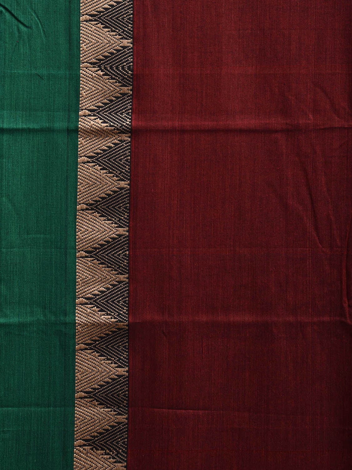 Dark Red and Green Narayanpet Cotton Plain Saree with Strips and Temple Border Design No Blouse np1100