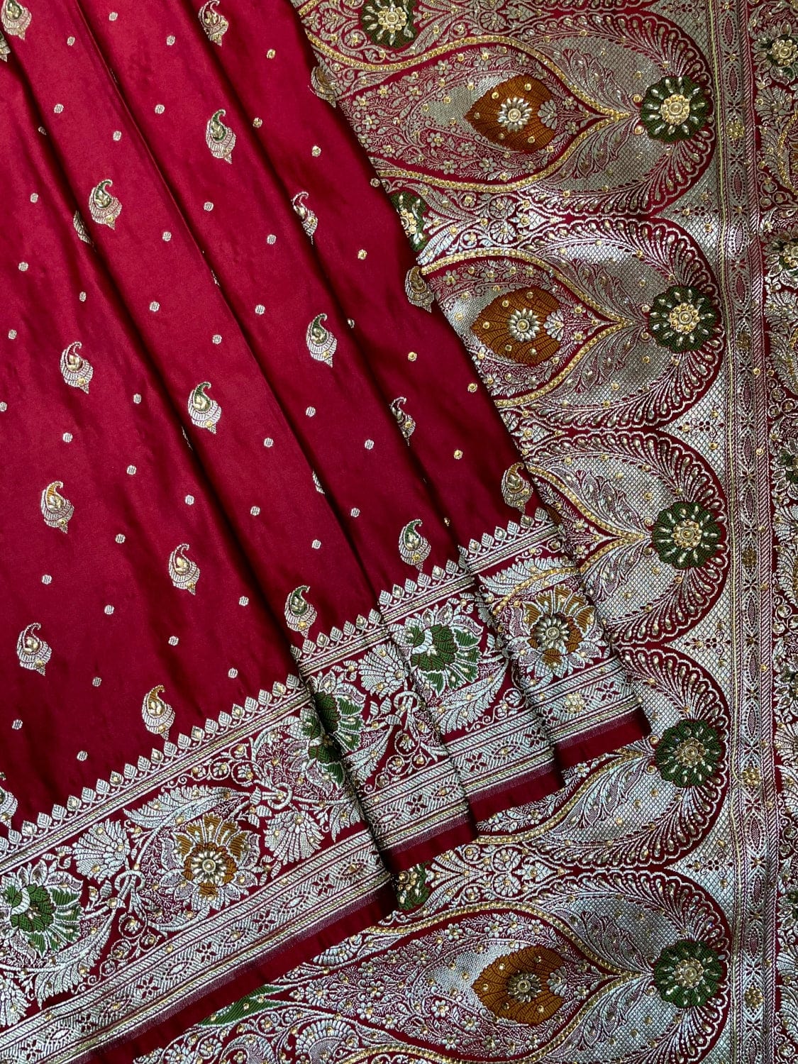 Dark Red Banaras Katan Silk Saree with Body Butti and Stone Work Design b0394ds
