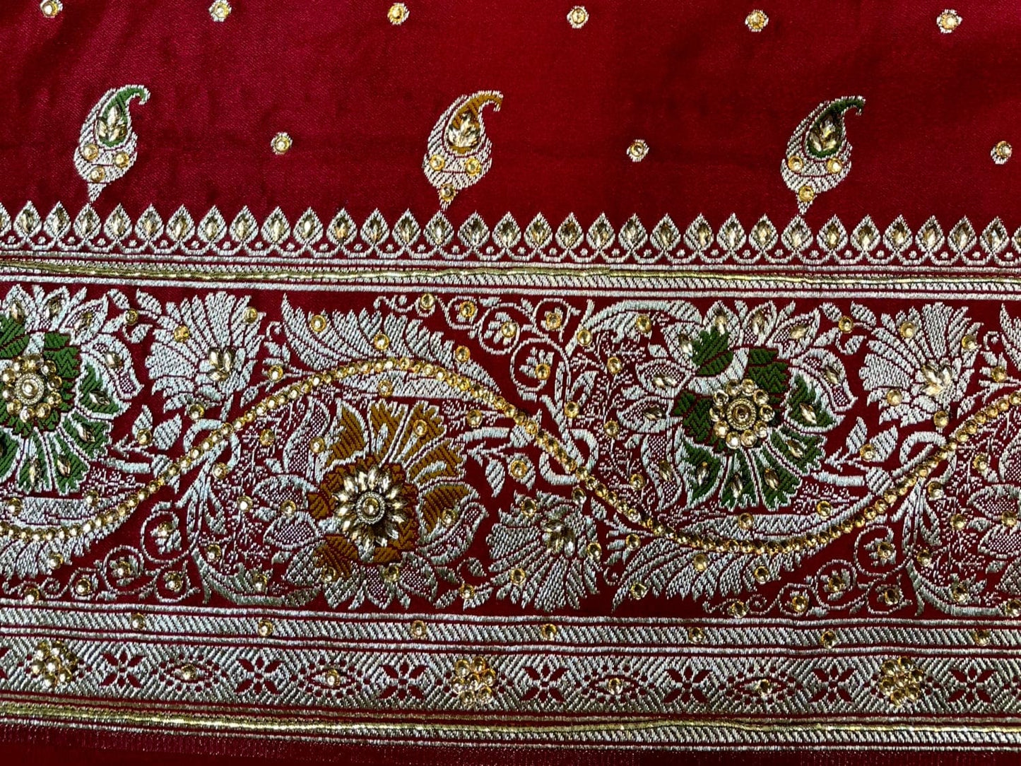 Dark Red Banaras Katan Silk Saree with Body Butti and Stone Work Design b0394ds