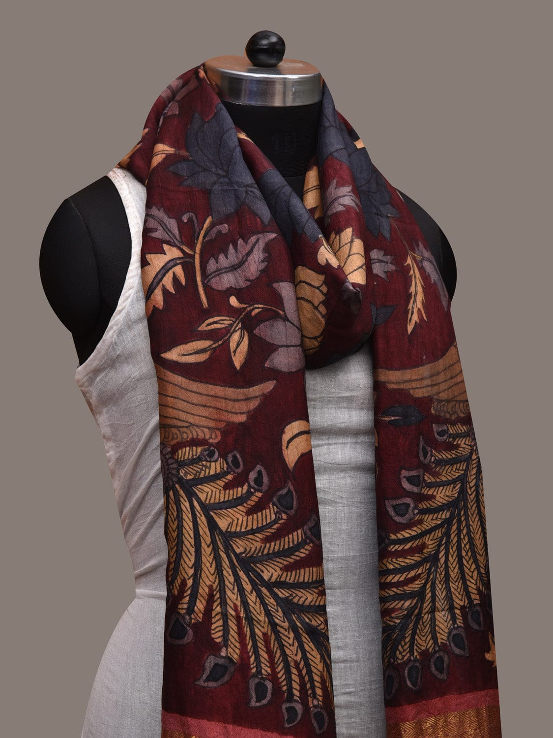 Dark Red Kalamkari Hand Painted Kanchipuram Silk Handloom Dupatta with Lotus Flowers and Peacocks Design ds2714