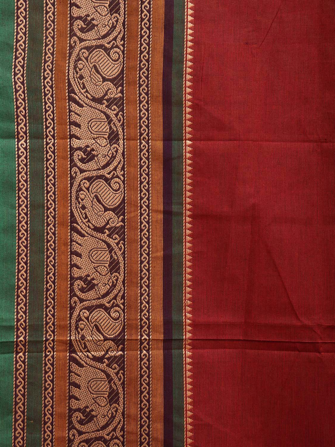 Dark Red Kanchipuram 80s Cotton Plain Saree with Peacock-Elephant Border Design No Blouse k0662