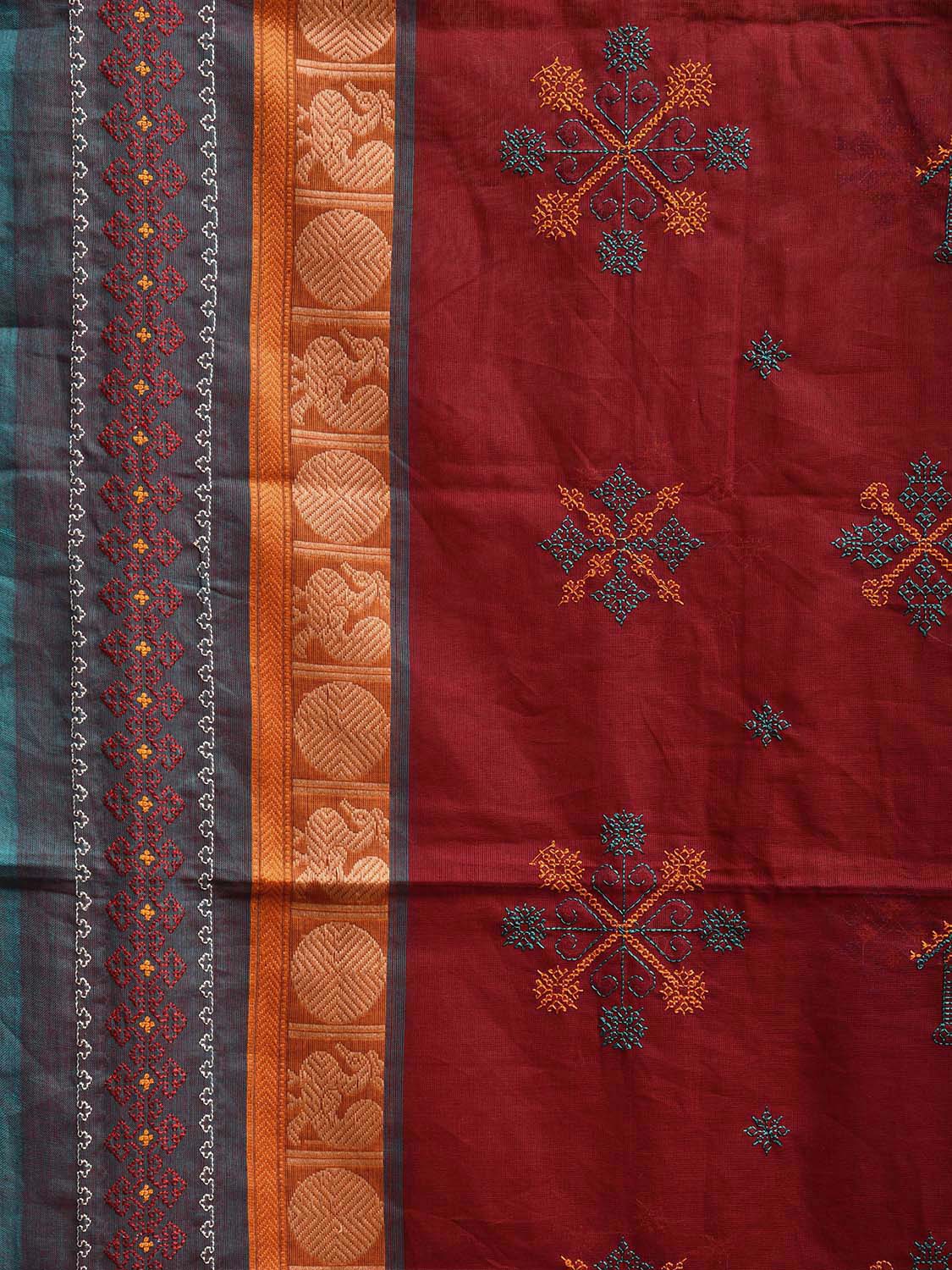 Dark Red Kanchipuram Cotton Saree with Kasuti Work and Border Design No Blouse o0667