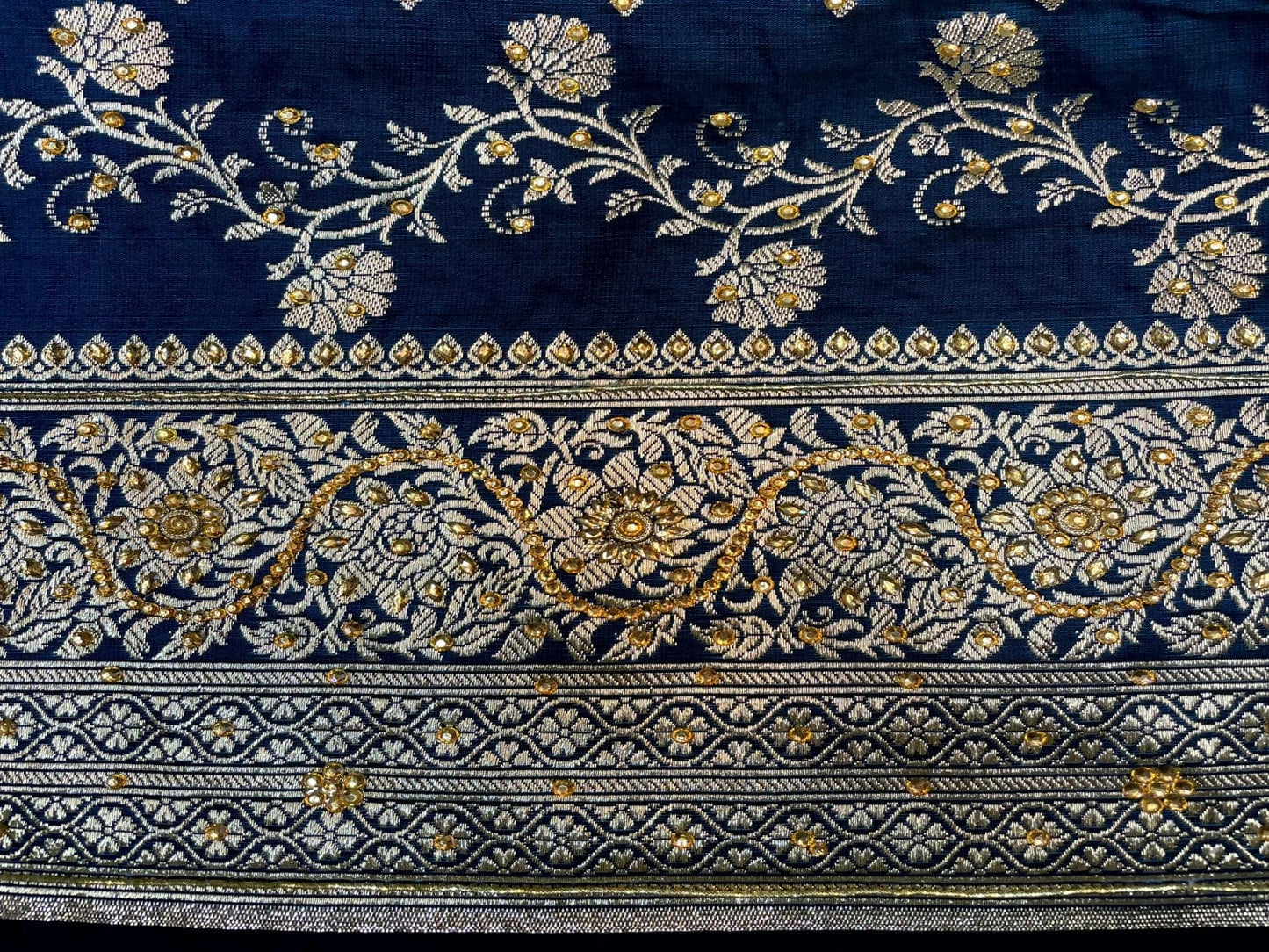 Dark Royal Blue Banaras Katan Silk Saree with Body Butti and Stone Work Design b0374ds
