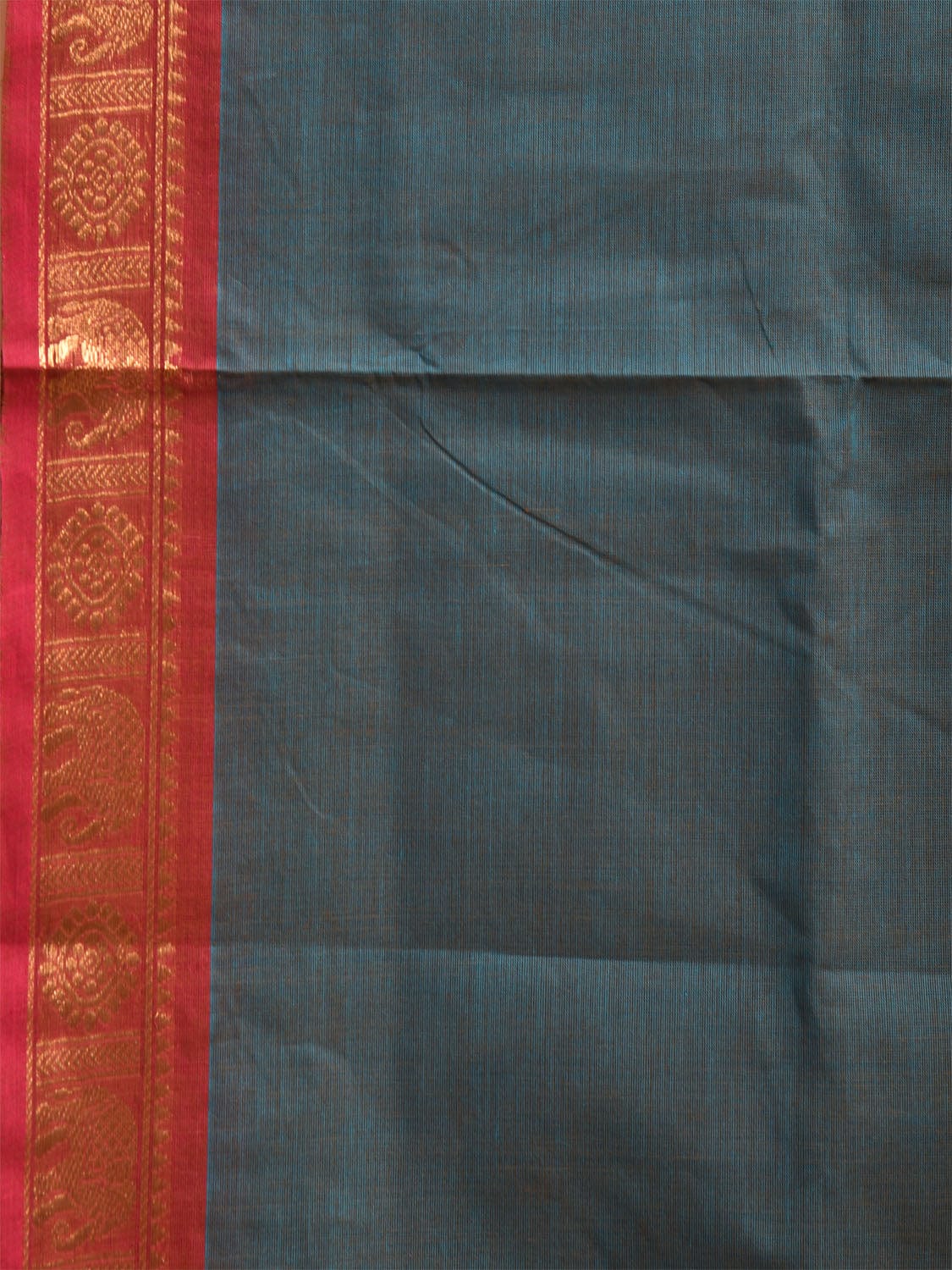Dark Teal Kanchipuram Cotton Plain Saree with Elephant Border Design Kalamkari Blouse k0819