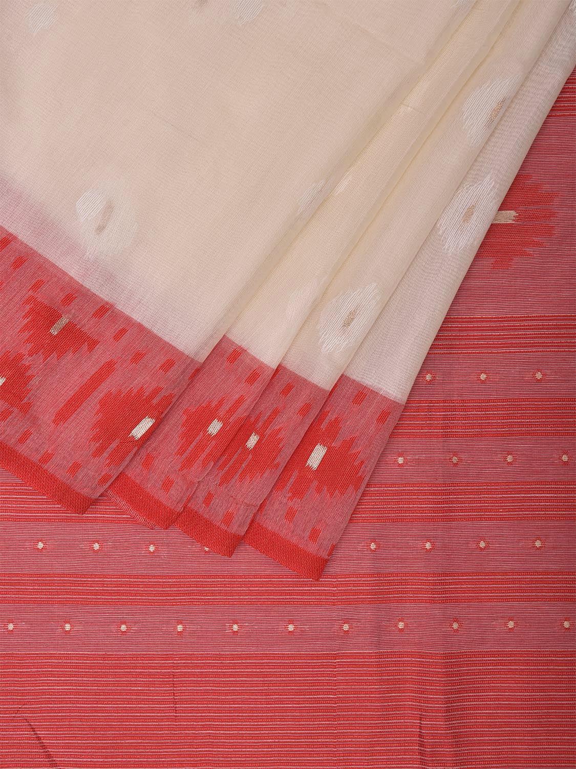 White and Red Dhakai Jamdani Cotton Viscose Saree with Body Buta and Border Design dj0007