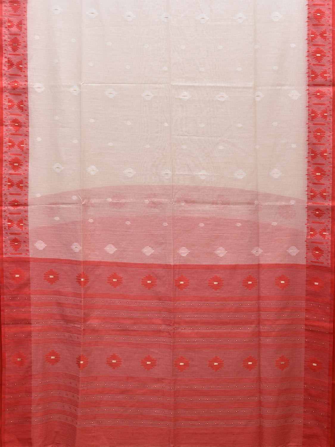 White and Red Dhakai Jamdani Cotton Viscose Saree with Body Buta and Border Design dj0007