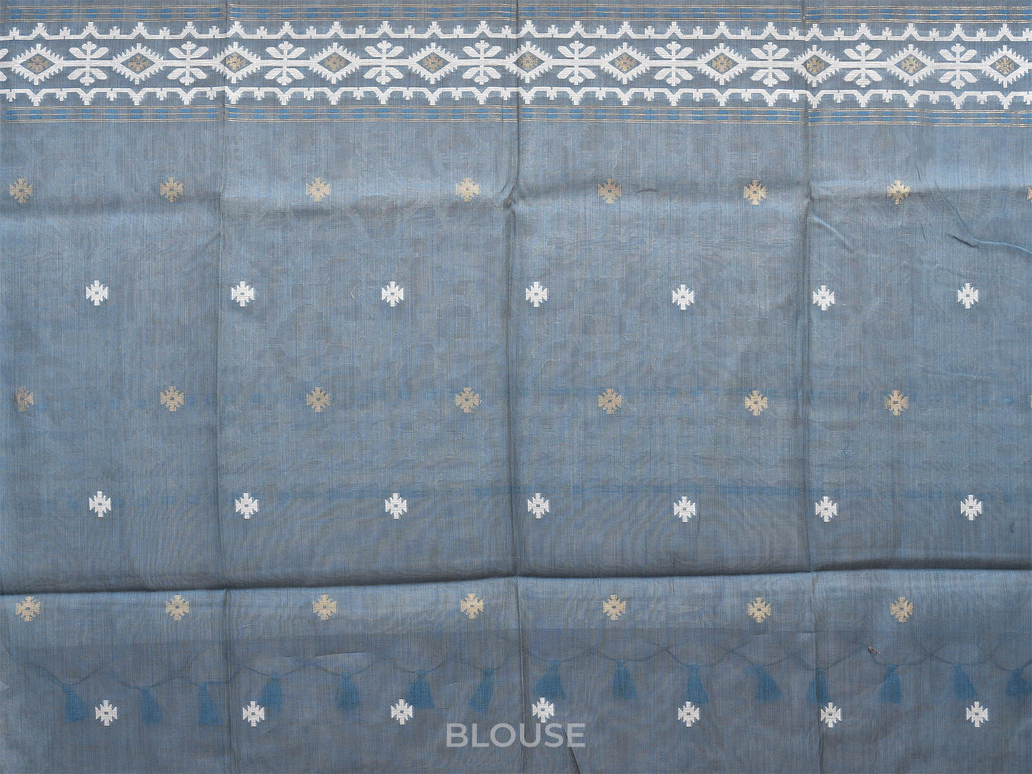 Cream and Light Blue Dhakai Jamdani Cotton Viscose Saree with Pallu and Border Design dj0009