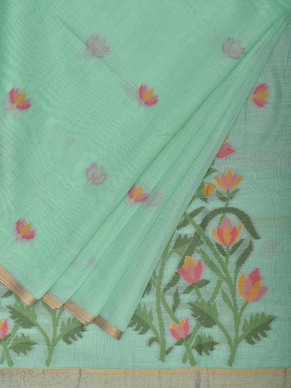 Turquoise Dhakai Jamdani Cotton Viscose Saree with Body Buta and Floral Pallu Design dj0052