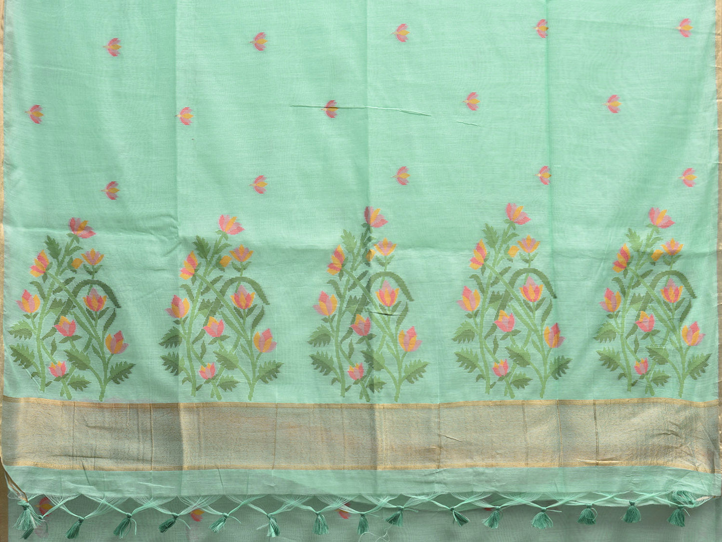 Turquoise Dhakai Jamdani Cotton Viscose Saree with Body Buta and Floral Pallu Design dj0052