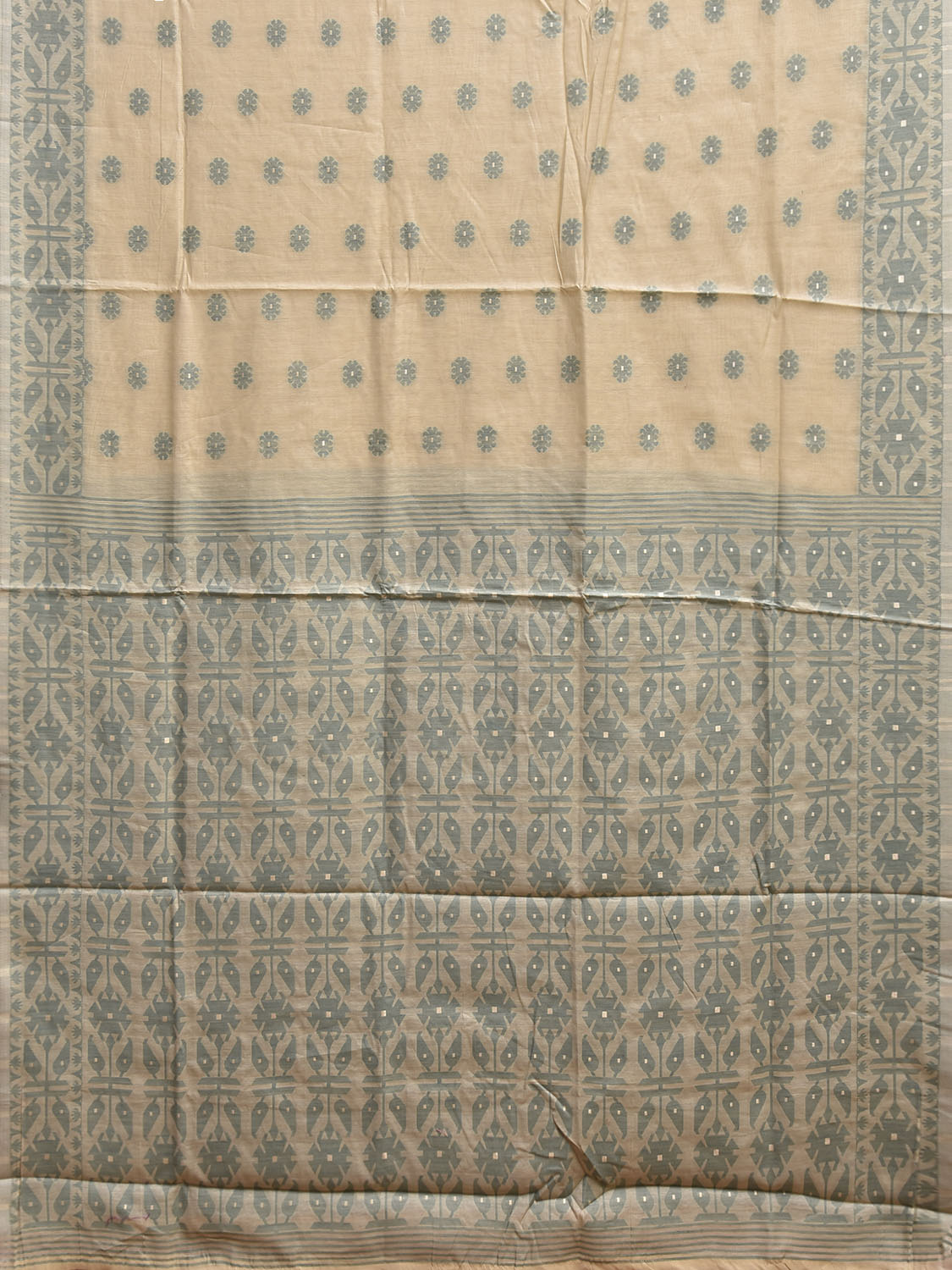 White and Light Green Dhakai Jamdani Cotton Viscose Saree with Buta and Pallu-Border Design dj0113