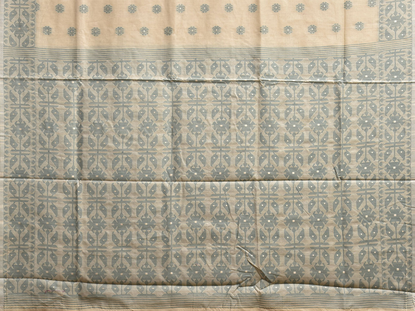 White and Light Green Dhakai Jamdani Cotton Viscose Saree with Buta and Pallu-Border Design dj0113