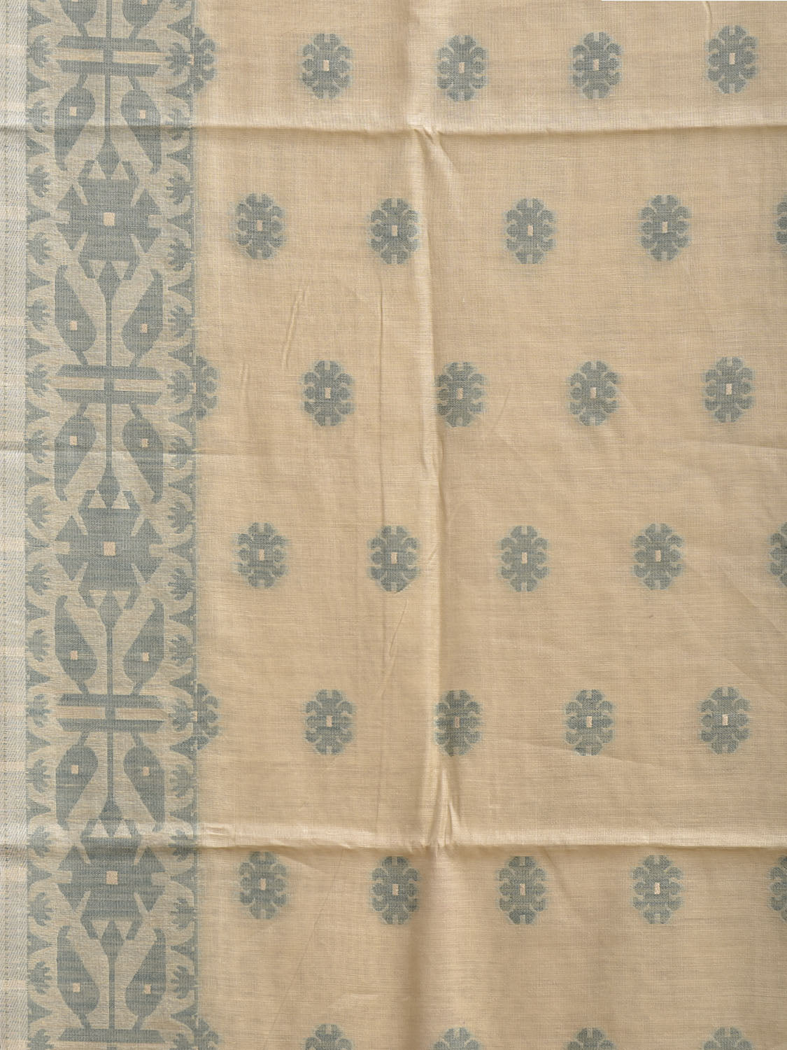 White and Light Green Dhakai Jamdani Cotton Viscose Saree with Buta and Pallu-Border Design dj0113