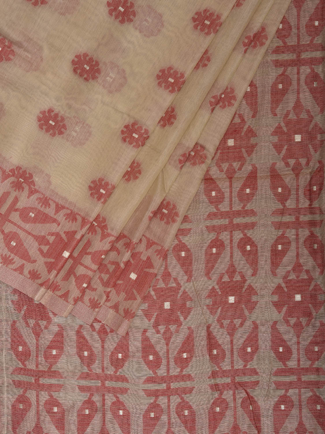 Cream and Red Dhakai Jamdani Cotton Viscose Saree with Buta and Pallu-Border Design dj0116