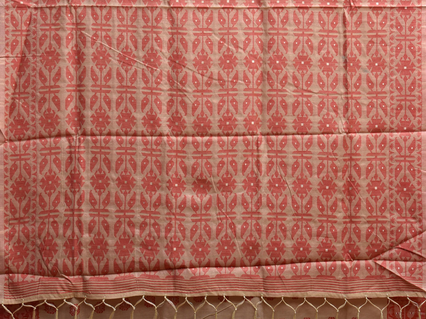 Cream and Red Dhakai Jamdani Cotton Viscose Saree with Buta and Pallu-Border Design dj0116